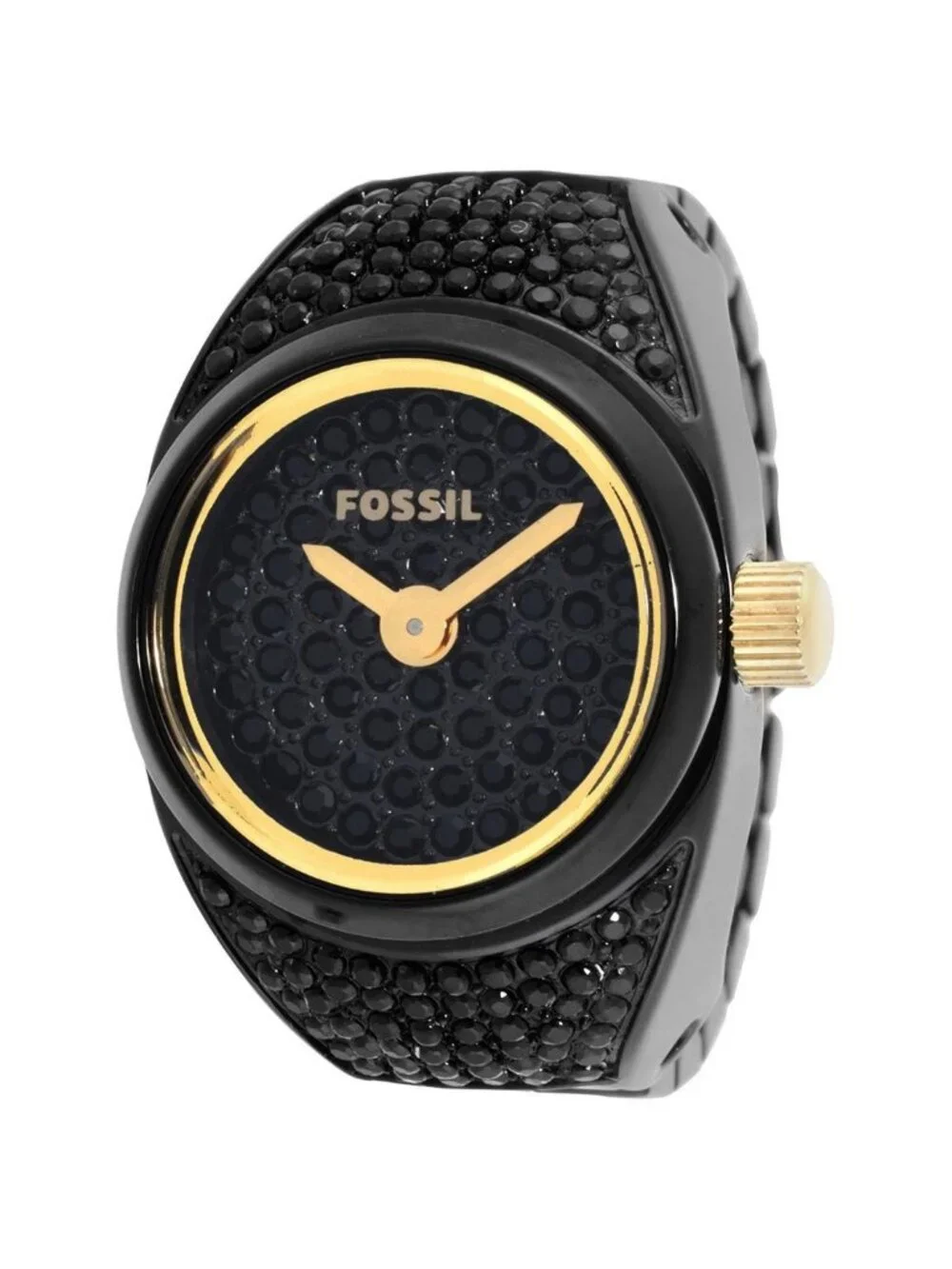 NWT Fossil Watch Ring Two-Hand Pave Black Stainless Steel Watch